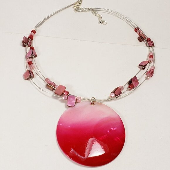 Seashell Pink Beaded Necklace with Pendant: Silver Tone Layered Illusion - Picture 3 of 6
